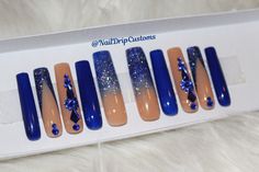 Reflective Glitter Nails, Blue Press On Nails, Mandala Nails, Royal Blue Nails, Gold Acrylic Nails, Blue Glitter Nails, Nails Luxury, Diva Nails, Nail Blue