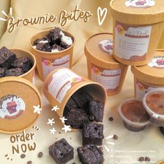 brownie bites and ice cream in containers on a table with the words, brownie bites order now