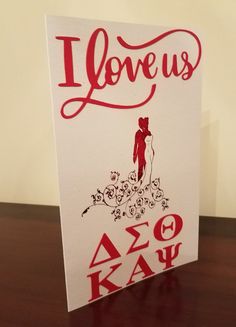 a greeting card with the words i love us and an image of a woman in a dress