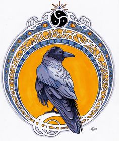 a drawing of a black bird sitting on top of a yellow and blue circular frame