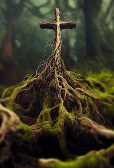 a cross that is sitting in the middle of some mossy ground with roots growing out of it