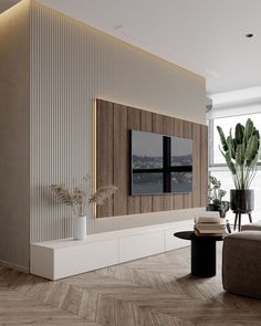 modern living room with wood paneling and white walls