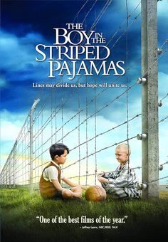 the boy in the striped pajamas movie poster with two children sitting on grass behind a fence