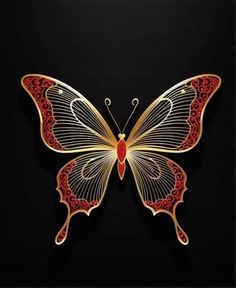 a golden butterfly with red accents on it's wings, against a black background