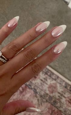 ✨✨ Pearl Nails With Black Tips, French Crome Nails Design Almond, Holographic Nails French Tip, Holographic French Tip, French Tip Chrome Nails, Paznokcie Hello Kitty, White Chrome Nails, Hoco Nails, Kutek Disney