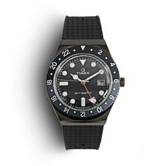 Combining a stealthy, retro-inspired design with travel-ready utility, Timex's Q GMT Blackout Watch is a solid daily wearer. It's powered by a Swiss-made quartz movement, which powers the hour, minute, and second hands, the red, arrow-tipped GMT hand that keeps track of the hour in a second time zone, and a white date window at 3 o'clock that contrasts with the black dial and black/grey rotating bezel. The gunmetal-finished, stainless steel case measures 38mm across, is water-resistant to 50 met Time Zone, Time Zones, 3 O Clock, Swiss Made, Casio Watch, James Bond, Silicone Rubber, Retro Inspired, Quartz Movement