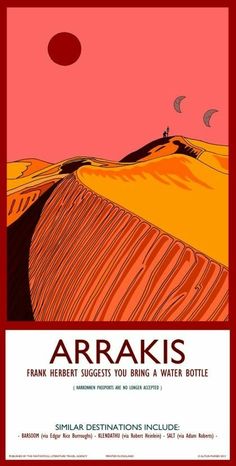 a poster with the words arakis on it and an image of a desert landscape