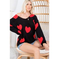 Featuring Our Sweetheart Sweater Perfect For Valentines Day In Black Featuring Multiple Red Hearts. -V-Neckline -Relaxed Fit -Long Sleeve -Soft And Light Stretchy Sweater Knit -Breathable Sizes: S/M: 2, 4, 6 8 M/L: 6, 8, 10, 12 Material: 65% Acrylic & 35% Nylon Large Knit Sweater, Fall Pullover, Linen Sweater, Orange Sweaters, Heart Sweater, Long Sleeve Pullover Sweater, Oversized Knitted Sweaters, Red Hearts, Yellow Sweater