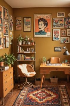 a home office with lots of posters on the wall