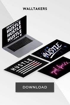 four laptop stickers with the words hustle hustle hustle above them and below it