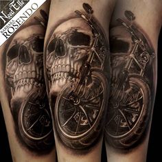 tattoos on the legs of men with skulls and bikes in them, all done by person