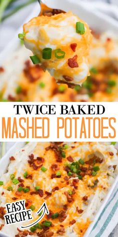 two images showing different types of baked mashed potatoes with bacon and green onions on top