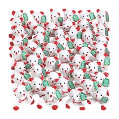 a bunch of white teddy bears with green and red decorations