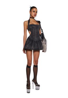 This mini dress has a denim construction, a washed finish, a halter neckline with an adjustable buckle closure, paneling, cut out details, and a back zipper closure. Edgy Mini Corset Dress For Summer, Edgy Mini Length Corset Dress For Summer, Edgy Mini-length Corset Dress For Spring, Edgy Mini Length Corset Dress For Spring, Black Denim Mini Dress For Night Out, Black Denim Mini Dress, Halloween Costume Boots, Booties Outfit, Black Halter Dress