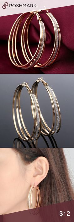 Here!!! 3 Hoop Earring Gold & Silver Earrings Three Circle Hoop Earring Gold & Silver Earrings.  Size (Length * Width)	50mm * 35mm Metals Type	Zinc Alloy Shape\pattern	Round Jewelry Earrings Wedding Earrings Vintage, Earring Simple, Double Earrings, Mens Earrings Hoop, Hari Valentine, Hoop Earrings Style, Big Hoop Earrings, Large Hoop Earrings, Big Earrings