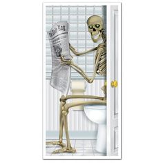 a skeleton sitting on a toilet reading a newspaper while holding the arm of another skeleton