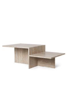 two wooden tables sitting next to each other on top of a white surface with one end open