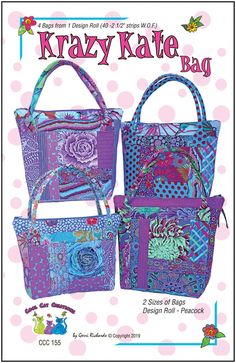 two bags are shown in purple and blue with polka dots on the bottom, one has a