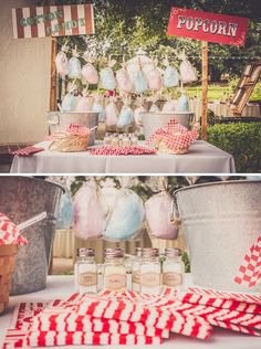 an outdoor dessert table with red and white gingham napkins, blue and pink candy