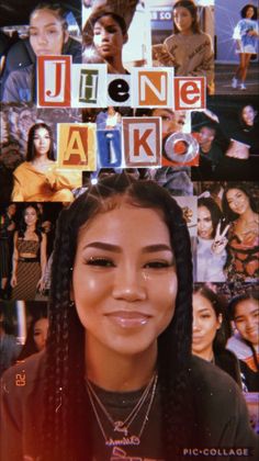 a woman with braids is smiling in front of a collage of people and words