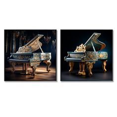 two pictures of a grand piano and chandelier in the same room, one is blue with gold details