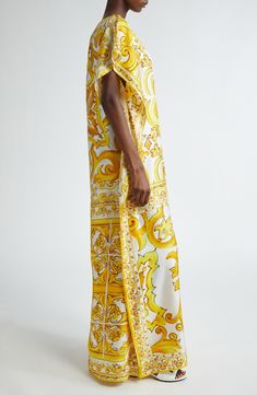 A yellow-and-brown print inspired by hand-painted majolica tiles enlivens this silk dress crafted in a flowy caftan-inspired silhouette. Slips on over head Bateau neck Sleeveless Side slits 100% silk Dry clean Made in Italy Designer Clothing Caftan Dress, Dress Crafts, Silk Charmeuse, Yellow And Brown, Nordstrom Dresses, Silk Dress, Silk Printing, Dolce And Gabbana, Nordstrom