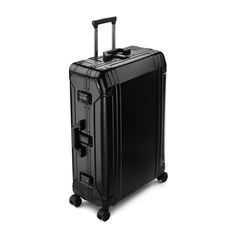 The angularly appealing large Geo Aluminum Travel Case is a 28" check-in suitcase on four spinner-wheels. Its distinctive double-rib design provides additional strength and durability as well as optimum protection of its contents. The intuitive 3-stage dual-button handle system allows for quicker release for both left and right-handed travelers. Available in black or silver aluminum, the case is equipped with a branded neoprene luggage cover, garment bag and foldable hanger. Foldable Hanger, Luggage Wheels, Luggage Cover, Garment Bag, Travel Case, Check In, Silver, Travel, Quick Saves