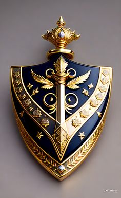 a gold and black shield with a crown on top is shown in this image, it appears to be made from metal