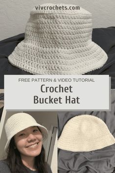 a woman wearing a crochet bucket hat with the text free pattern and video