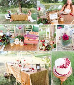 a picnic table with food and decorations on it in the middle of a park area