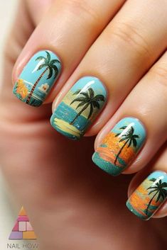 Transport yourself to a tropical paradise with these summer nail designs featuring palm trees and sunsets. The serene beach scene is perfect for summer vibes. Visit nailhow.com for more summer nail inspo and ideas. Nail Art Designs Summer