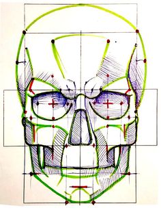 a drawing of a skull with glasses on it's face and lines in the background