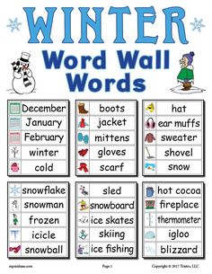 winter word wall words and pictures with snowflakes on the bottom, and an image of