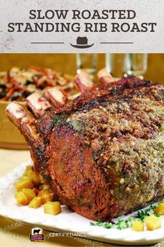 slow roasted standing rib roast on a plate with potatoes