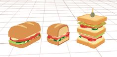 three sandwiches sitting next to each other on top of a white tiled floor with an apple in the middle