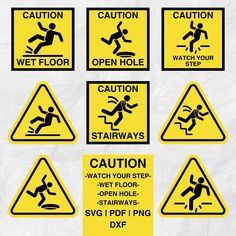 various warning signs are displayed on a white paper background, including an image of a man surfing