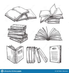 hand drawn books set on white background