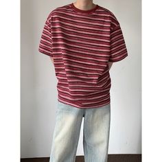 Wiaofellas Summer Shoulder Pad T Shirt Men Fashion Oversized Stripe Tshirt Men Streetwear Korean Loose Cotton Short Sleeve T-shirt Mens Top Oversized Red Casual Shirt, Casual Red Oversized Shirt, Casual Striped Short Sleeve T-shirt, Red Oversized Short Sleeve T-shirt, Casual Striped Crew Neck Shirt, Casual Striped Crew Neck T-shirt, Striped Oversized Short Sleeve T-shirt, Casual Striped T-shirt For Streetwear, Casual Red T-shirt