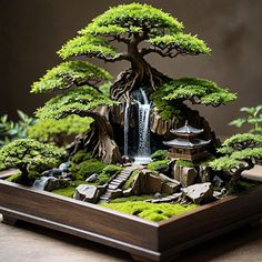 a bonsai tree with waterfall and rocks in the foreground