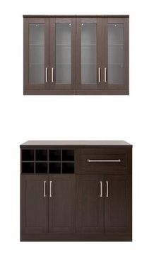 two brown cabinets with glass doors and drawers