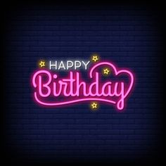 happy birthday neon sign on brick wall background