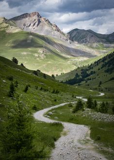 a dirt road going through a lush green valley