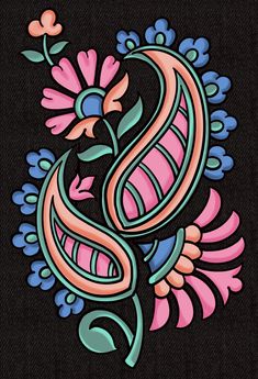 an artistically designed floral design on a black background with pink, blue and green flowers