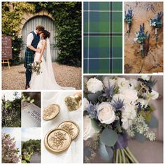 a collage of photos with flowers and wedding rings on them, including an image of a bride and groom