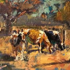 an oil painting of cows grazing in a field