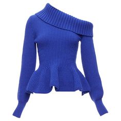 ALEXANDER MCQUEEN cobalt blue wool cashmere off shoulder peplum ribbed sweater S Reference: AAWC/A00662 Brand: Alexander McQueen Designer: Sarah Burton Material: Wool, Cashmere Color: Blue Pattern: Solid Extra Details: Foldover asymmetric neckline. Contour ribbed knitting. Peplum waist. Made in: Italy CONDITION: Condition: Excellent, this item was pre-owned and is in excellent condition. SIZING Designer size: S Size reference: US2-4 / UK8 / IT40 / FR36 / XS-S MEASUREMENTS: Shoulder to shoulder: Sarah Burton, Cashmere Color, Phoebe Philo, Asymmetric Neckline, Moda Vintage, Blue Wool, Knitted Jumper, Issey Miyake, Ribbed Sweater