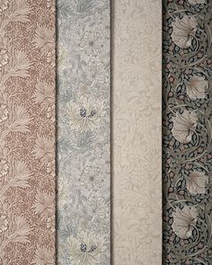 four different wallpapers with flowers and leaves on the same pattern, all in various colors