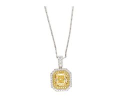 1.47 Carat total natural fancy yellow diamond pendant with a double diamond halo or round white and yellow diamonds in two tone 18k gold. Featuring a GIA certified VVS2 radiant cut 1.05 carat fancy yellow diamond center stone. 4-prong set with pave/prong set halo side stones.  Details:  ✔ Item Type: Necklace Pendant  ✔ Metal: 18k White and Yellow Gold ✔ Weight: 2.76 grams ✔ Setting: Prong  Stone Details: ✔ Gemstone: Yellow Diamond ✔ Carat: 1.05 ✔ Color: Yellow ✔ Cut: Rectangular brilliant (radia Gia Certified Diamond Necklace In Yellow Gold, Gia Certified Yellow Gold Diamond Necklace, Yellow Diamond Fine Jewelry Necklace, Yellow Diamond Necklace In Fine Jewelry Style, Luxury Yellow Diamond Necklace With Accents, Fine Jewelry Yellow Diamond Necklace, Formal Yellow Diamond Necklace Fine Jewelry Style, Formal Yellow Jewelry With Single Cut Diamonds, Yellow Diamond-cut Necklace In Fine Jewelry Style