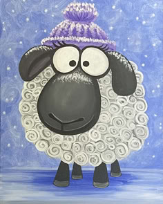 a painting of a sheep wearing a purple hat