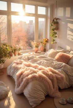 the sun is shining through the windows in this bedroom